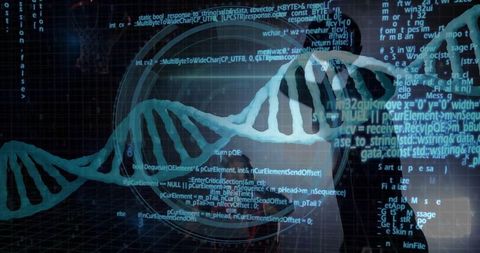 Rotating Blue DNA Helix in Futuristic Digital Interface