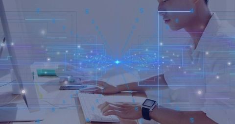 Asian man typing on keyboard with smartwatch and holographic digital network overlay