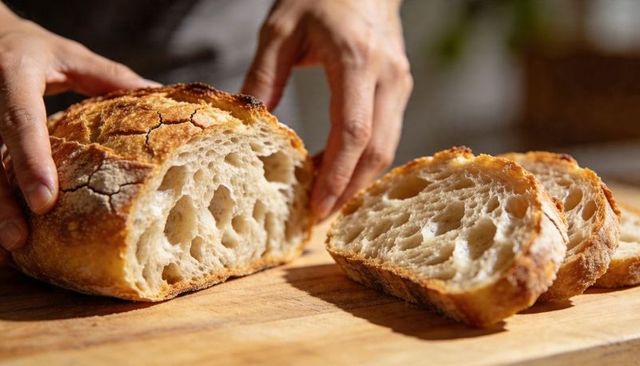 Hand slicing crusty sourdough loaf on wooden board showing open crumb and texture