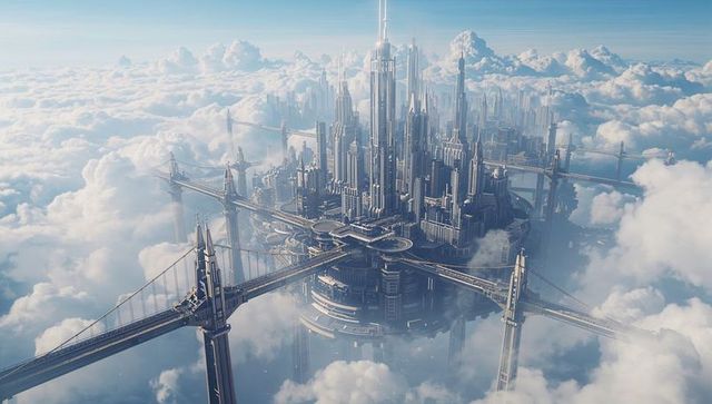 Floating futuristic metropolis hovering above clouds with circular sky platform and bridges