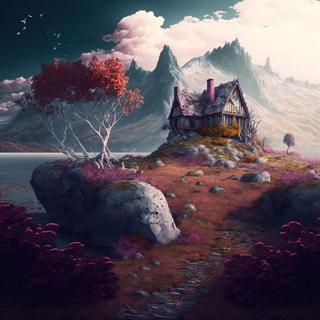 Image of fantasy landscape with house on lake, created using generative ai technology. Fantasy landscape and nature concept, digitally generated image.