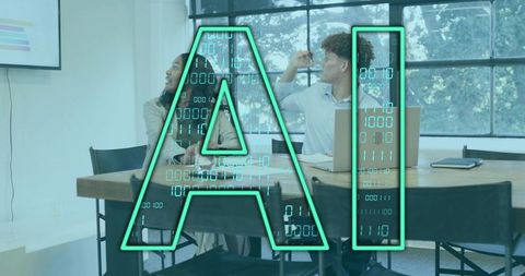 Neon ai overlay on business team collaborating at conference table with laptop display