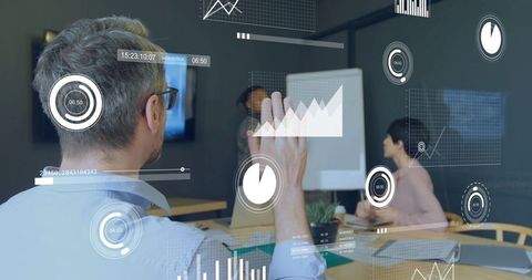 Raising Hand in Business Meeting with Data Visualizations and Team Collaboration