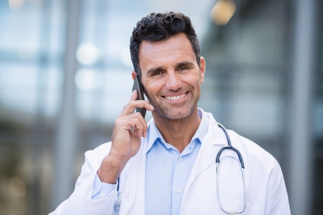 Portrait of smiling doctor talking on mobile phone - Download Free Stock Photos Pikwizard.com