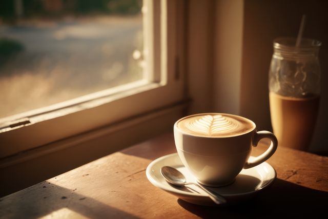 A cozy scene with a cup of latte art coffee bathed in warm morning sunlight by the window. Suitable for lifestyle, coffee culture, and relaxing morning visuals for blog posts, social media, cafe promotions, or beverage advertisements.