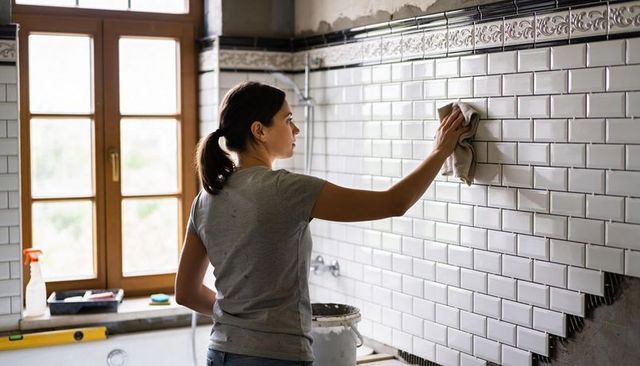 Woman renovating bathroom wiping grout on white subway tile wall during tiling finish