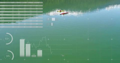Aerial kayakers paddling over calm emerald lake with hud data overlay, forest reflection