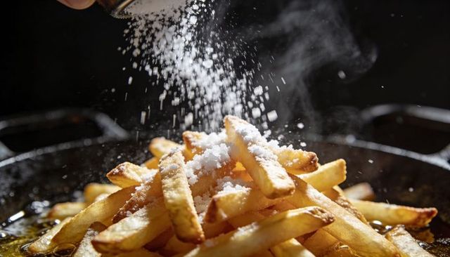 Crispy french fries being seasoned with salt over sizzling cast-iron skillet, steam rising