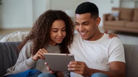 Couple Browsing Tablet Together on Sofa, Enjoying Intimate Moment