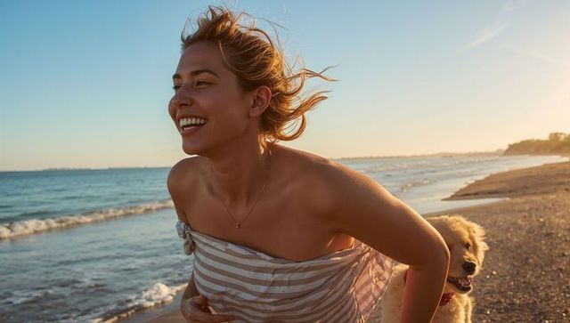Laughing woman running on sunlit beach with golden retriever and windblown hair