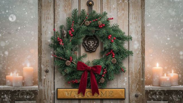 Welcoming christmas wreath with red velvet bow and lion door knocker on rustic wooden door