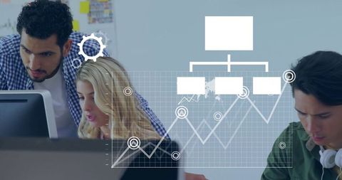 Team Analyzing Data on Monitors with Laptop Interface Overlay
