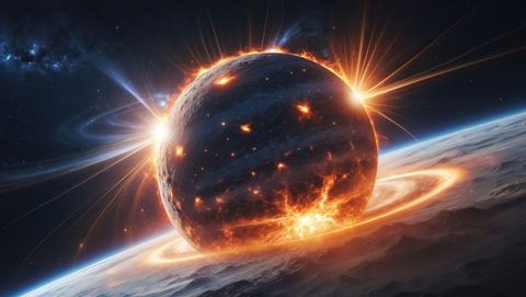 Fiery molten planet with erupting flares and cosmic debris