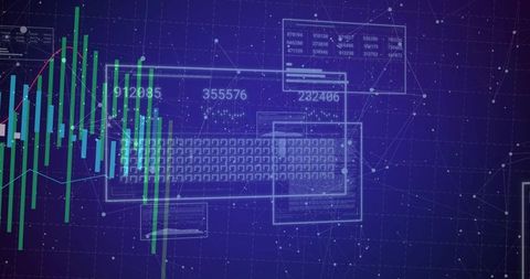 Translucent keyboard overlay displaying neon financial charts and network grid data flows