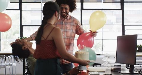 Office Birthday Celebration Surprise with Friends and Balloons