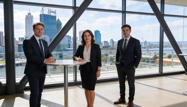 Three executives standing by glass wall with city skyline and waterfront view