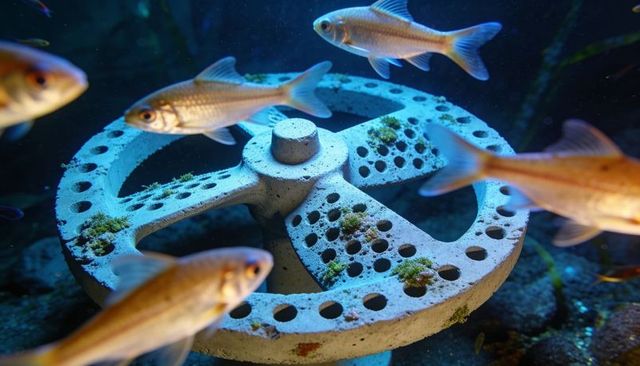 Golden fish swimming around perforated concrete biofilter wheel in underwater aquarium