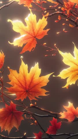Autumn Breeze Moving Maple Leaves with Glowing Particles | Vertical Loop 4K Motion