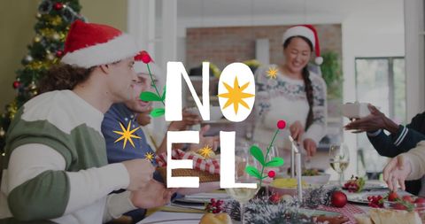 Festive Christmas Gathering with Noel Greeting Overlay