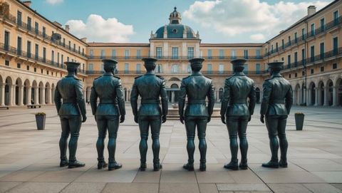 Bronze soldier statues in historic courtyard with grand pavilion