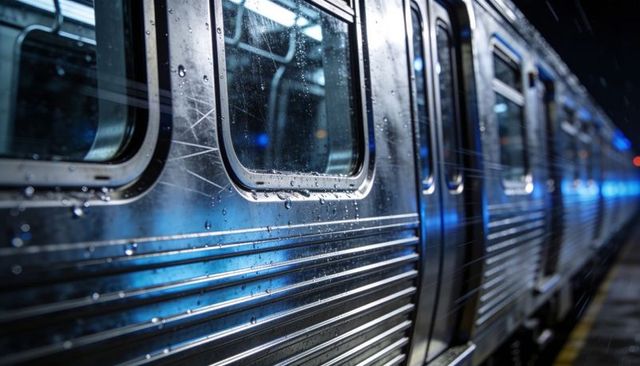 Rain-soaked stainless steel subway car reflecting blue neon lights at night platform