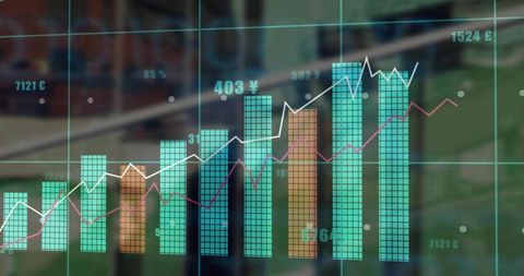 Digital Financial Analytics Display with Graphs and Currencies