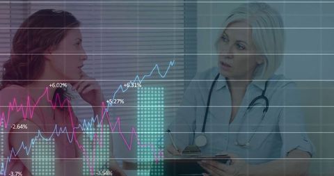 Doctor Consulting Female Patient with Digital Data Overlay