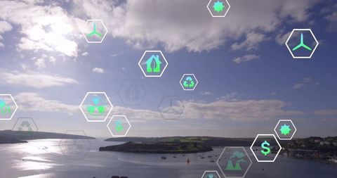 Coastal bay with eco-friendly icons highlighting sustainable energy