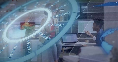 Women collaborating with augmented reality overlays in modern open office workspace
