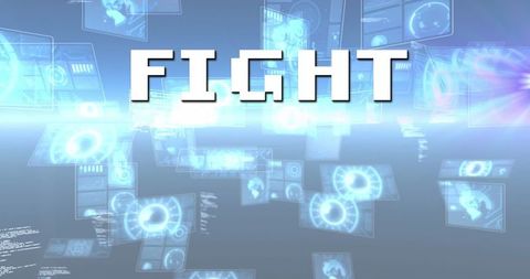 Futuristic digital interface with fight text
