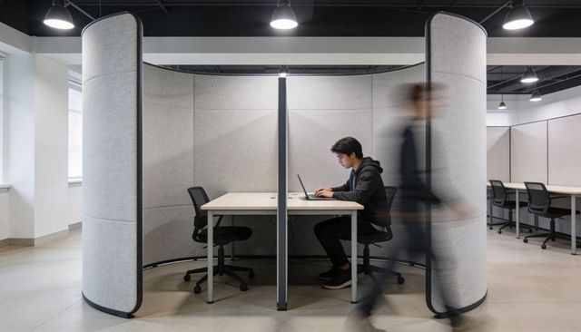 Focused young man working in modern acoustic office pod for privacy in open-plan workspace