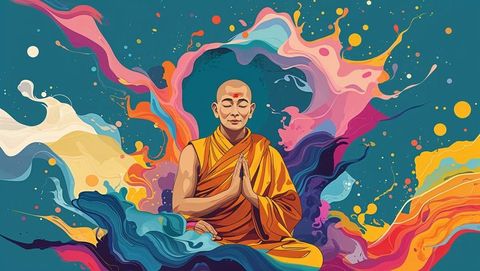 Ai-generated meditating monk surrounded by vibrant cosmic energy