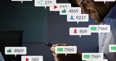 Smiling professional checking smartphone with floating social media engagement metrics