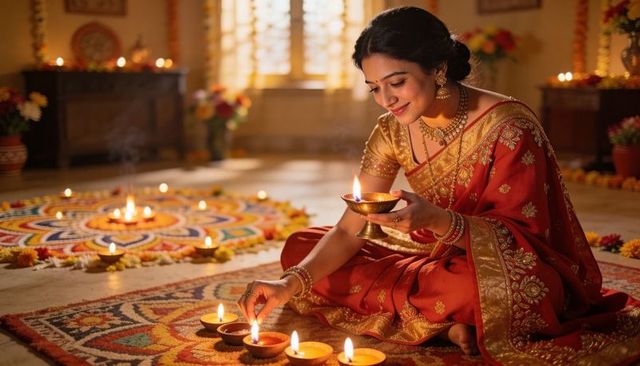 Indian woman lighting diyas during diwali wearing red gold saree near rangoli and marigolds