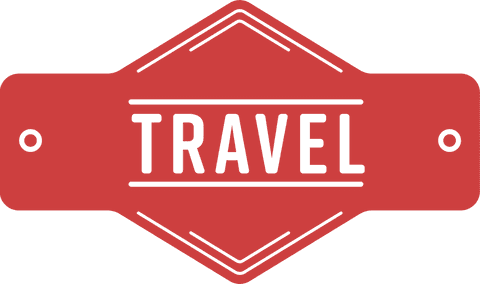 Red travel sign badge on transparent background for vacation and exploration