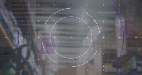 Futuristic HUD Logistics System with Cardboard Boxes in Warehouse