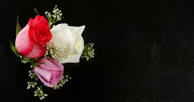 Bouquet of red, white and pink roses on black surface. Valentines day concept 4k