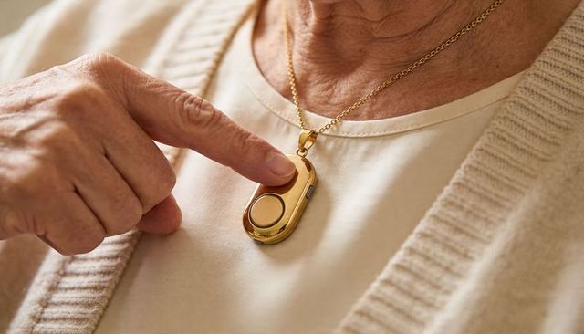 Senior woman pressing gold medical alert pendant necklace for emergency assistance