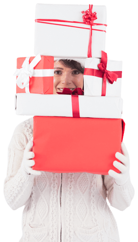 Festive Woman Holding Transparent Stack of Wrapped Gifts