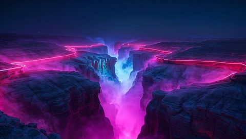 Glowing neon-lined canyon chasm releasing magenta and cyan mist under starry sky
