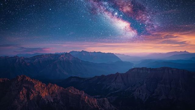Milky way arching over twilight alpine ridges, stars glittering above layered ranges
