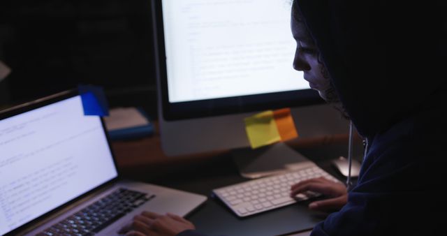 Hacker Wearing Hoodie Coding at Night on Multiple Monitors - Download Free Stock Images Pikwizard.com