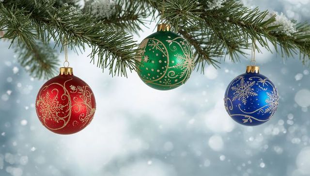 Hanging glittering Christmas baubles on snow-dusted pine branch with wintry bokeh