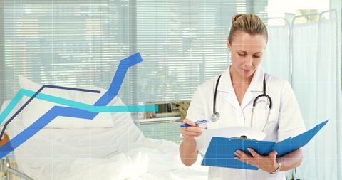 Female Doctor Analyzing Financial Data in Hospital Setting