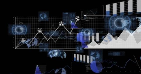 Futuristic data analytics dashboard displaying rising grid line chart with globe markers