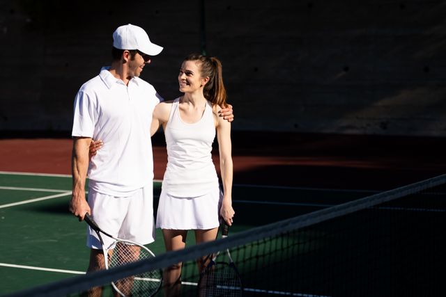 Front view of a happy Caucasian woman and a man wearing tennis whites playing tennis on a sunny day, standing by a net, holding tennis rackets, smiling and embracing each other.