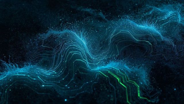 Flowing Luminescent Data Wave Visualizing Neural Network Signals Futuristic Digital Grid