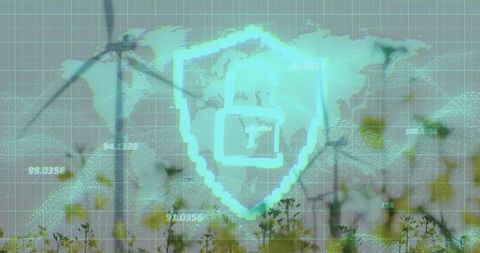 Futuristic Shield Over Wind Turbines with World Map