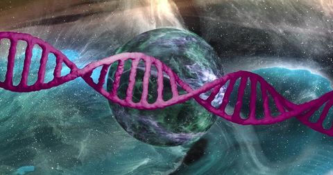 Magenta DNA Double Helix Crossing Alien Planet Nebula, Futuristic Genetics Concept