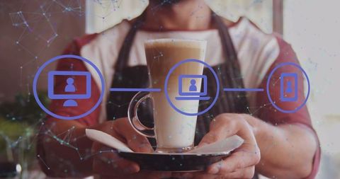 Digital Coffee Network Interface Over Hands Holding Beverage